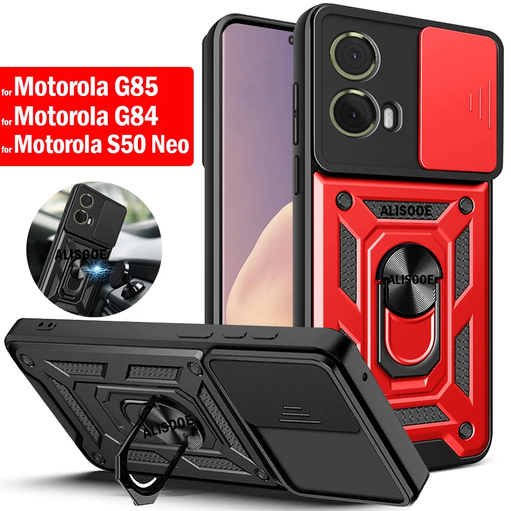 Armor Funda for Motorola G85 Case Slide Lens Camera Ring Stand Protective Back Cover for Motorola moto S50 Neo G85 G84 Capa