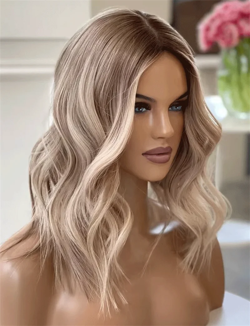 

Dark Rooted Ash Blonde Lace Frontal Wig Heat Resistant Synthetic Hair Wig 28 Inches Ash Blonde Wig For Women