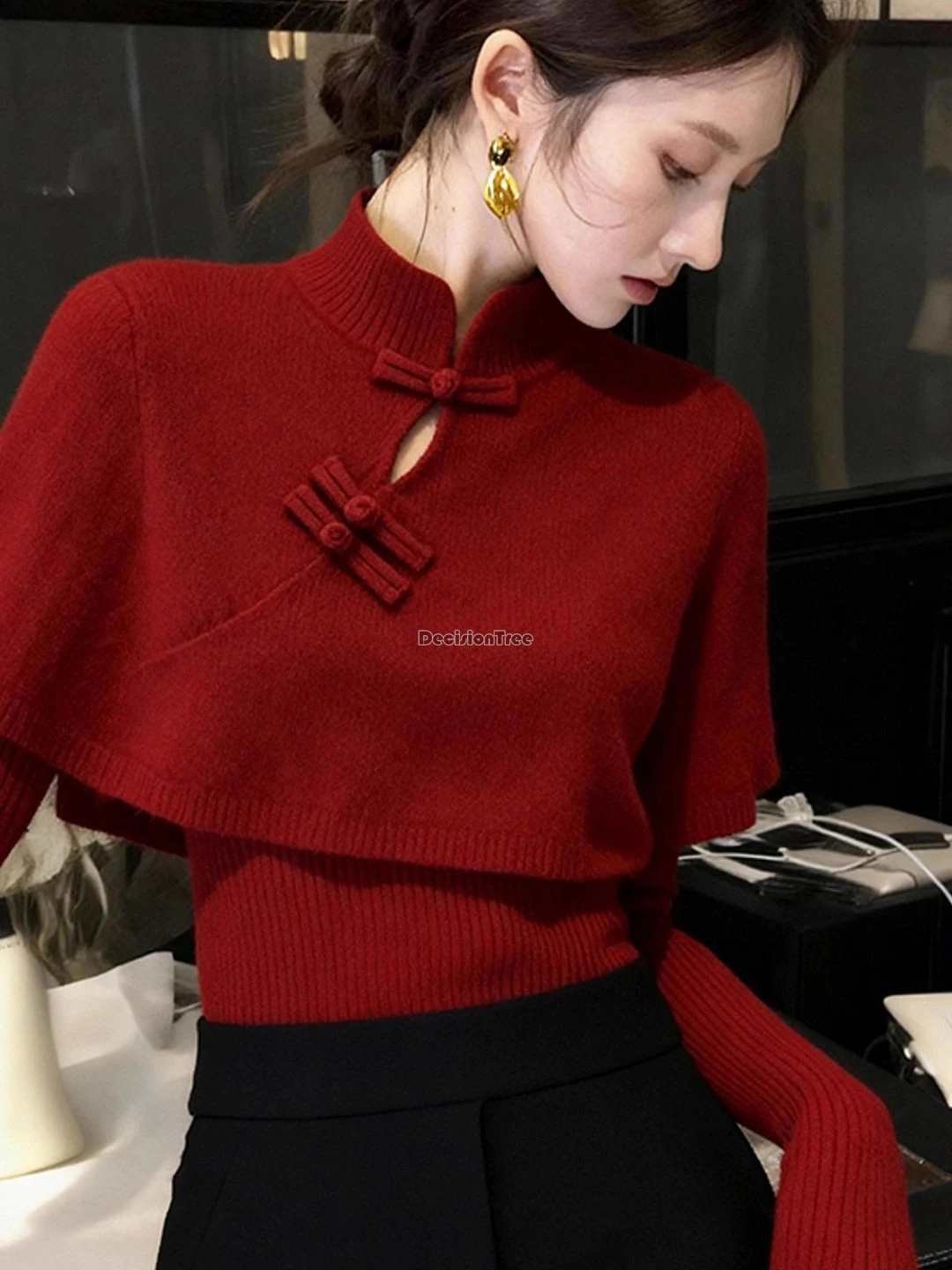 

Новинка 2025: улучшенный китайский ретро-стиль, свитер-ципао с воротником-стойкой и длинными рукавами, осенний комплект из 2 предметов, вязаный топ-ципао