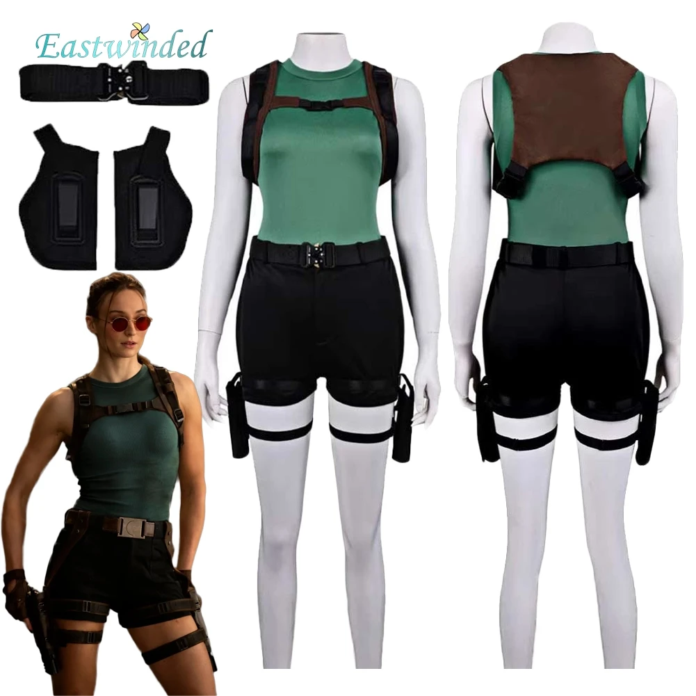 

Костюм Лары Крофт для косплея из фильма «Томб Рейдер», зеленый жилет, униформа, наряд для маскировки, одежда на Хэллоуин, карнавальный костюм для взрослых женщин