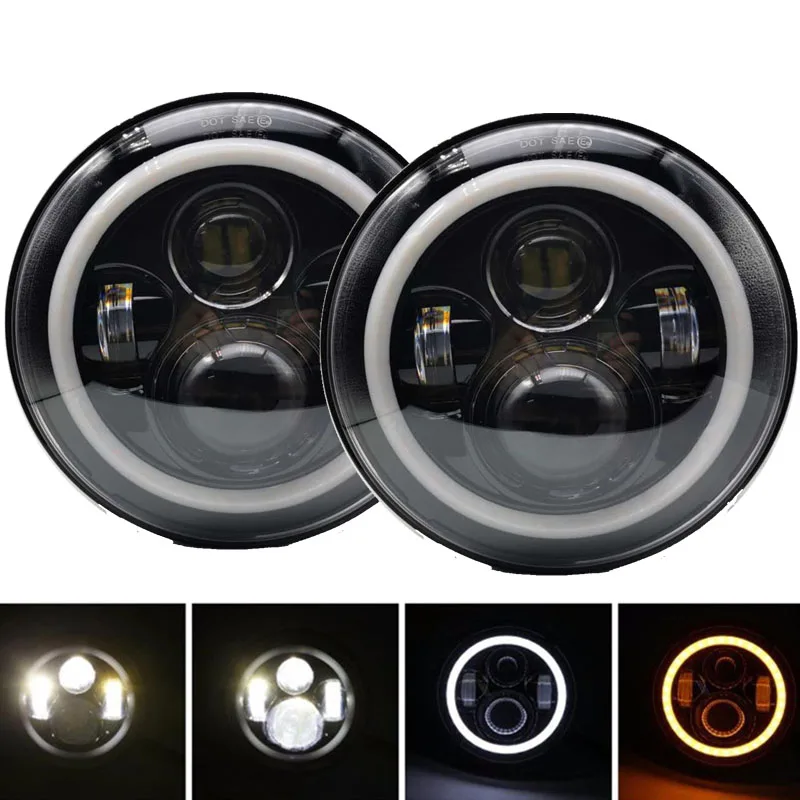 

7 inch LED Headlight Hi/Low Halo Angel Eyes Headlamp for Lada 4x4 Urban Niva Jeep JK Land Rover Defender Hummer(2pcs 7'' Round)