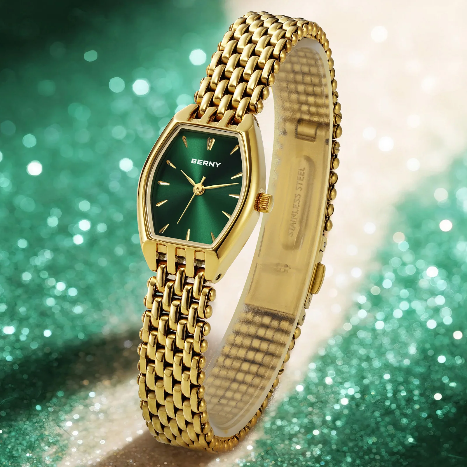 BERNY Gold Women's Watches Ultra-thin Luxury Elegant Ladies Quartz Watch Golden Stainless Steel Fashion Dress Wristwatch
