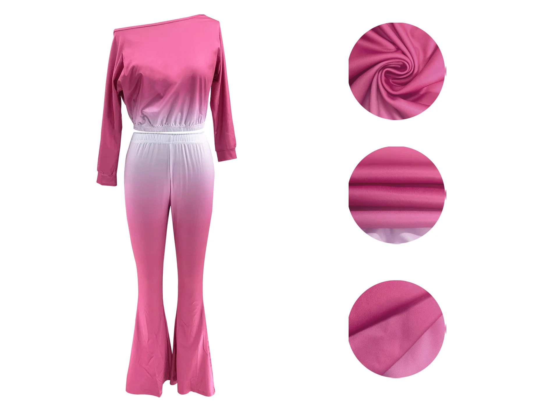 M3023 ผู้หญิงปิดไหล่ไหล่เฉียงการไล่ระดับสีทึบกางเกงกระดิ่งชุดสองชิ้น