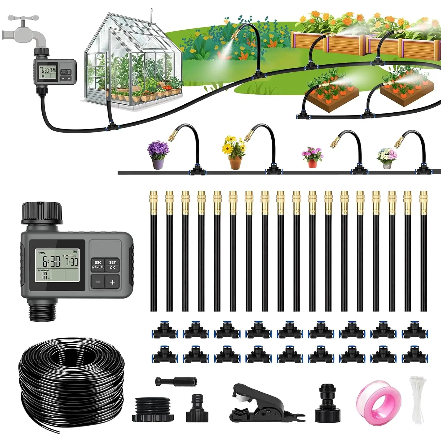 

60FT Drip Irrigation System with Water Timer, 360° Hose & Adjustable Nozzles for Garden, Lawn, Yard
