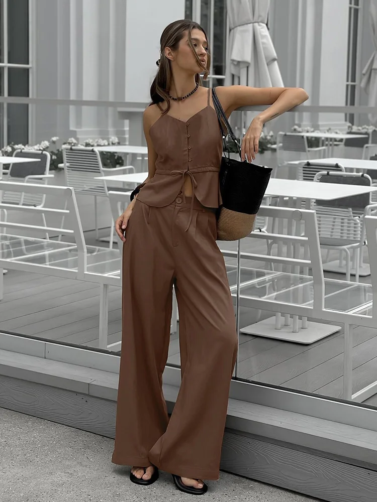 Mueyaruho Women 2026 Summer Office Pant Set Suits Solid Beige Outfits 2 Two Piece Wide Leg Matching Set For Women image 5