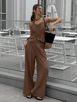 Mueyaruho Women 2026 Summer Office Pant Set Suits Solid Beige Outfits 2 Two Piece Wide Leg Matching Set For Women - Image 5
