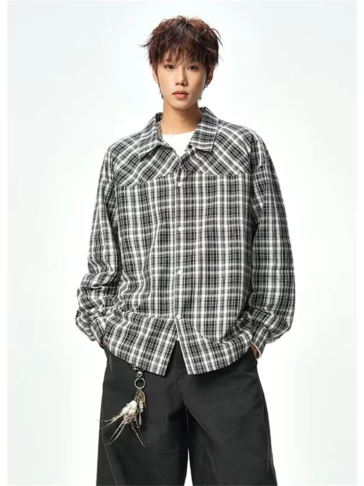 

Retro American Plaid irt Men's Spring Trendy Brand Silhouette Basic Casual Long Sve Men's irt Coat Bla White