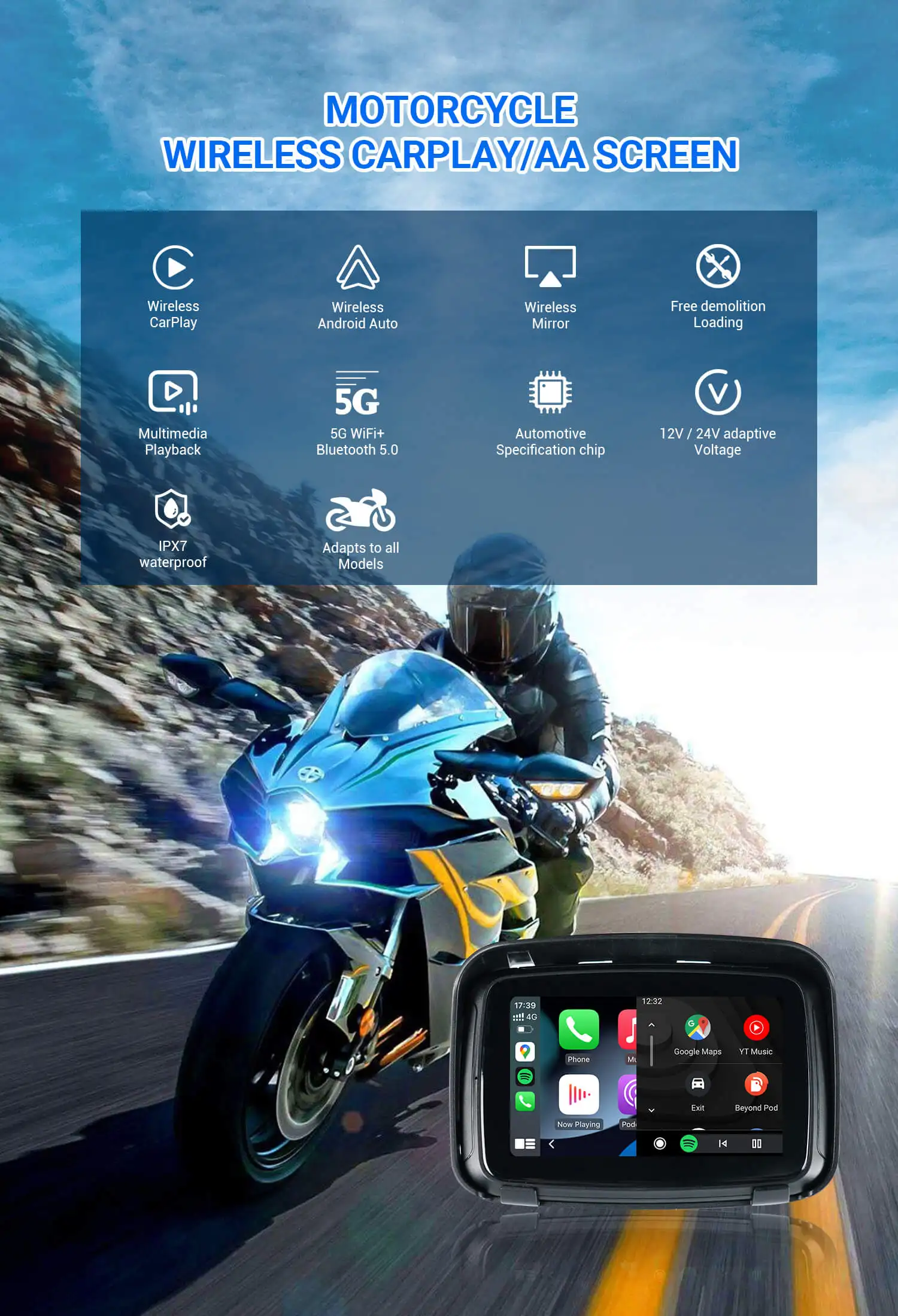 Ottocast CarPlay Lite หน้าจอกันน้ำอัตโนมัติสำหรับรถมอเตอร์ไซค์ C5จีพีเอสแบบไร้สาย