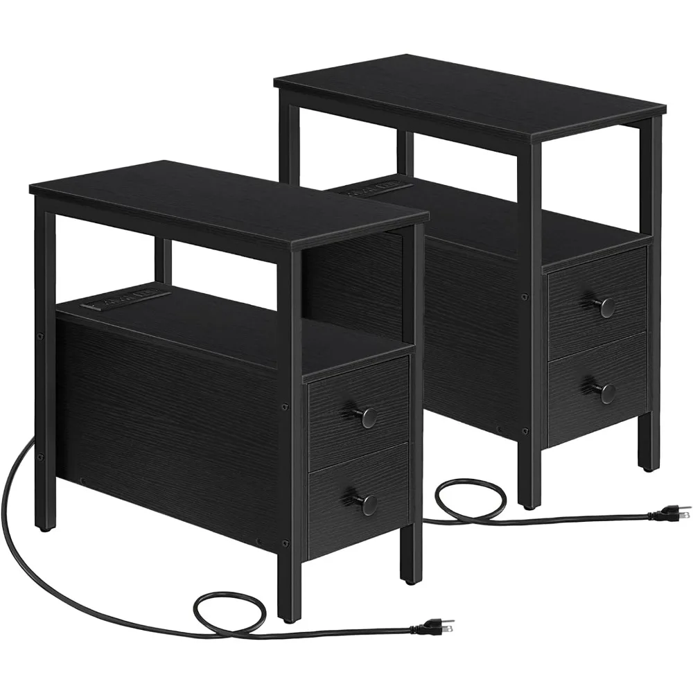 

Set of 2 End Tables with Charging Station, Narrow Side Table with Drawers & USB Ports & Power Outlets, Nightstand