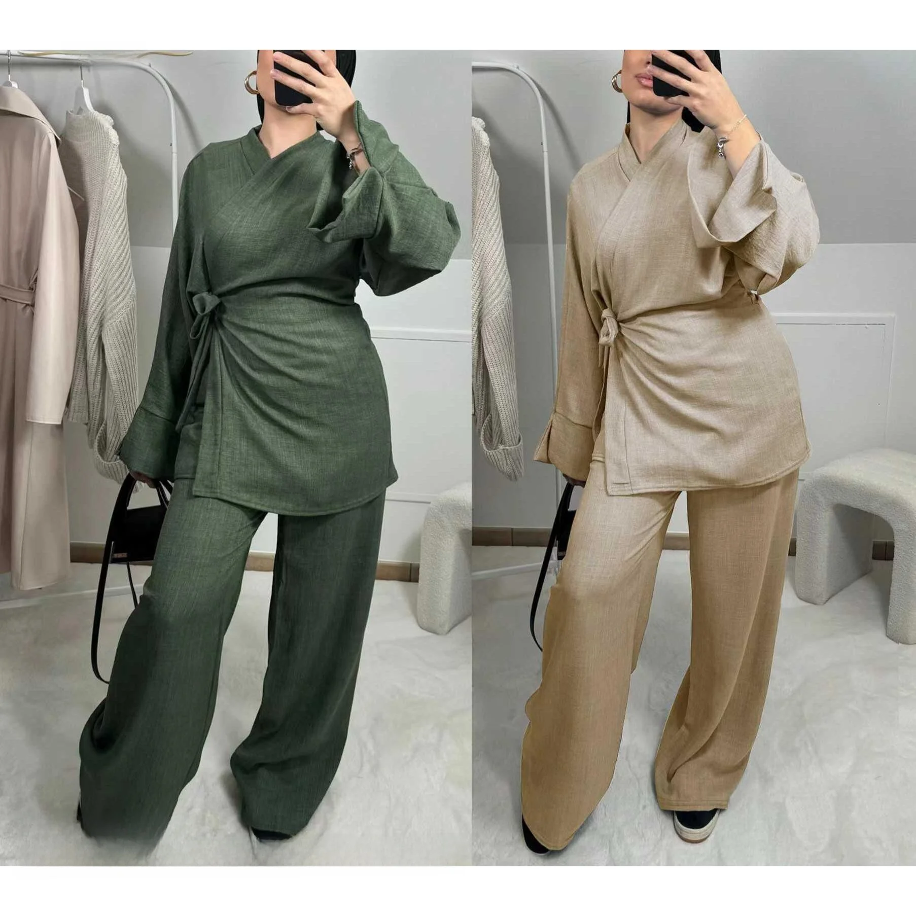 

Middle East Ethnic Style Pure Color Lace up Top And Pants Set Wide Leg Pants Two Piece Set Long Sleeve Long Pants Summer Fash...