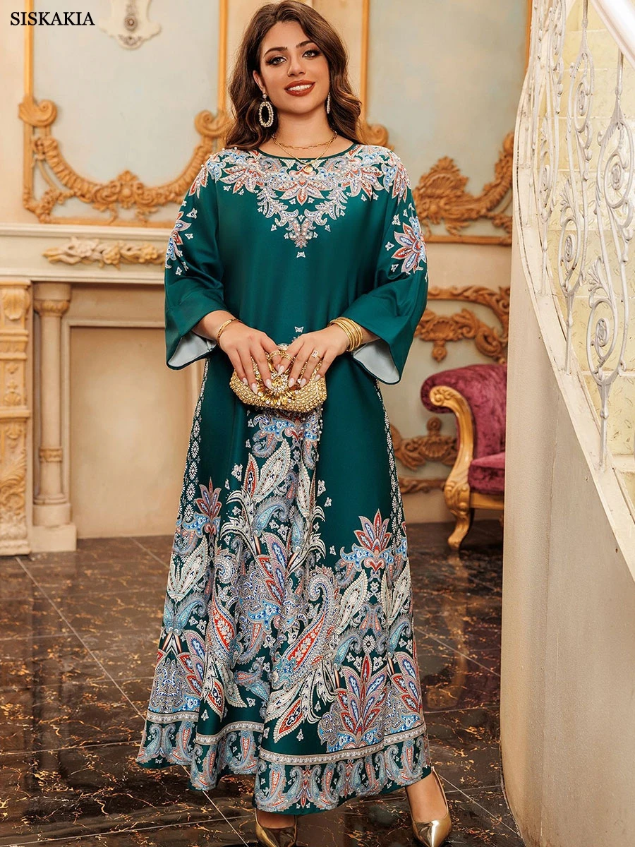 Siskakia O-Neck Floral Print Diamonds Beading Abaya For Muslim Woman Elegant Casual Loose Moroccan Saudi Dubai Stylish Kebaya