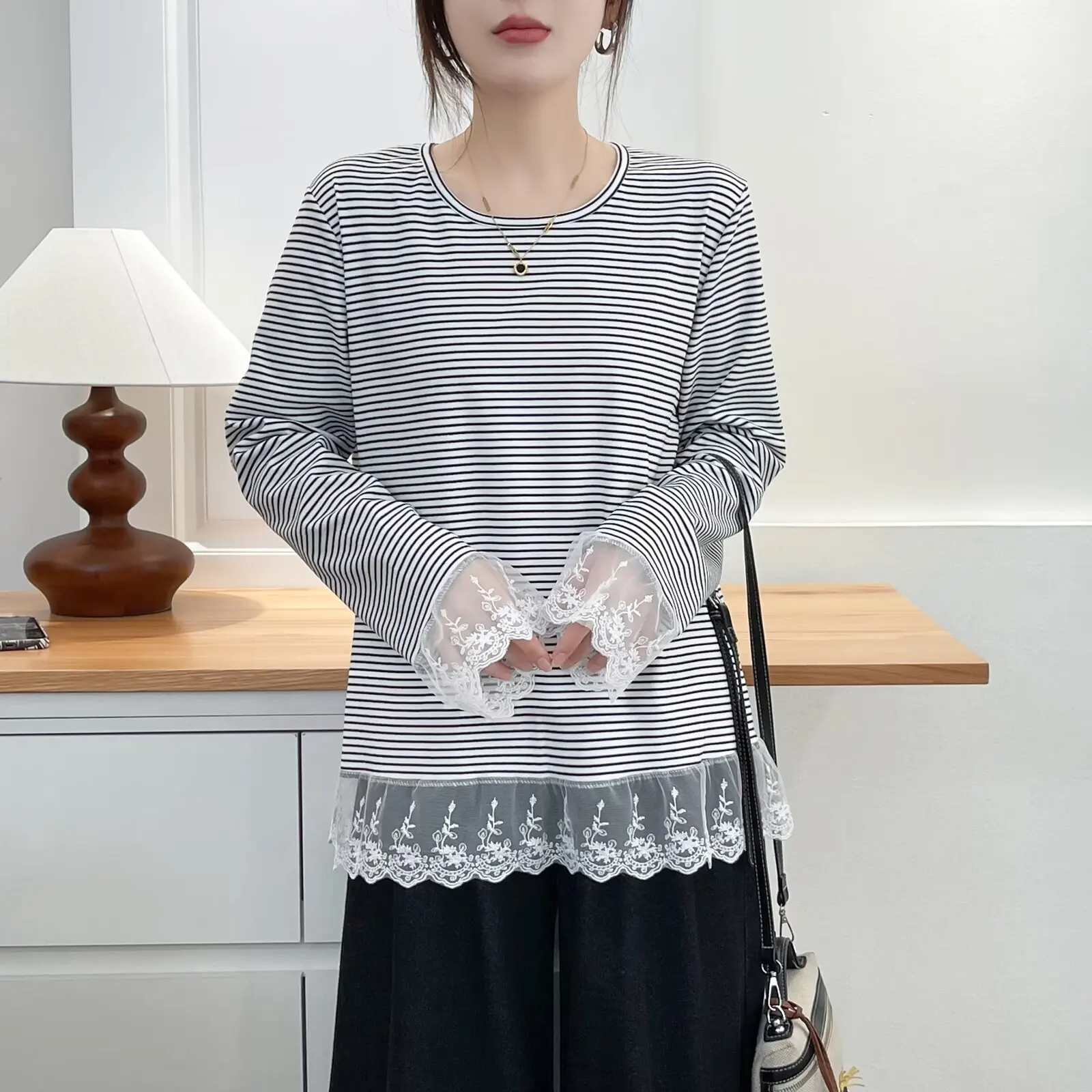 

XXXXL модная женская футболка больших размеров De бархатный теплый базовый слой стильные кружевные и полосатые топы с внутренней стороны 2530