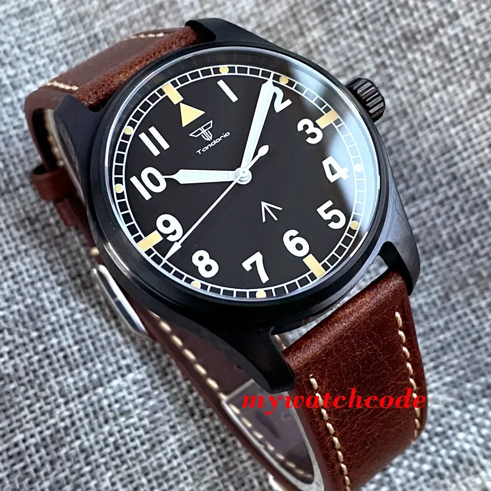 

Retro Black PVD Pilot Watch Japan NH35A Automatic Wristwatch 200M Waterproof Big Crown Sapphire Crystal Relogio Diver Tandorio