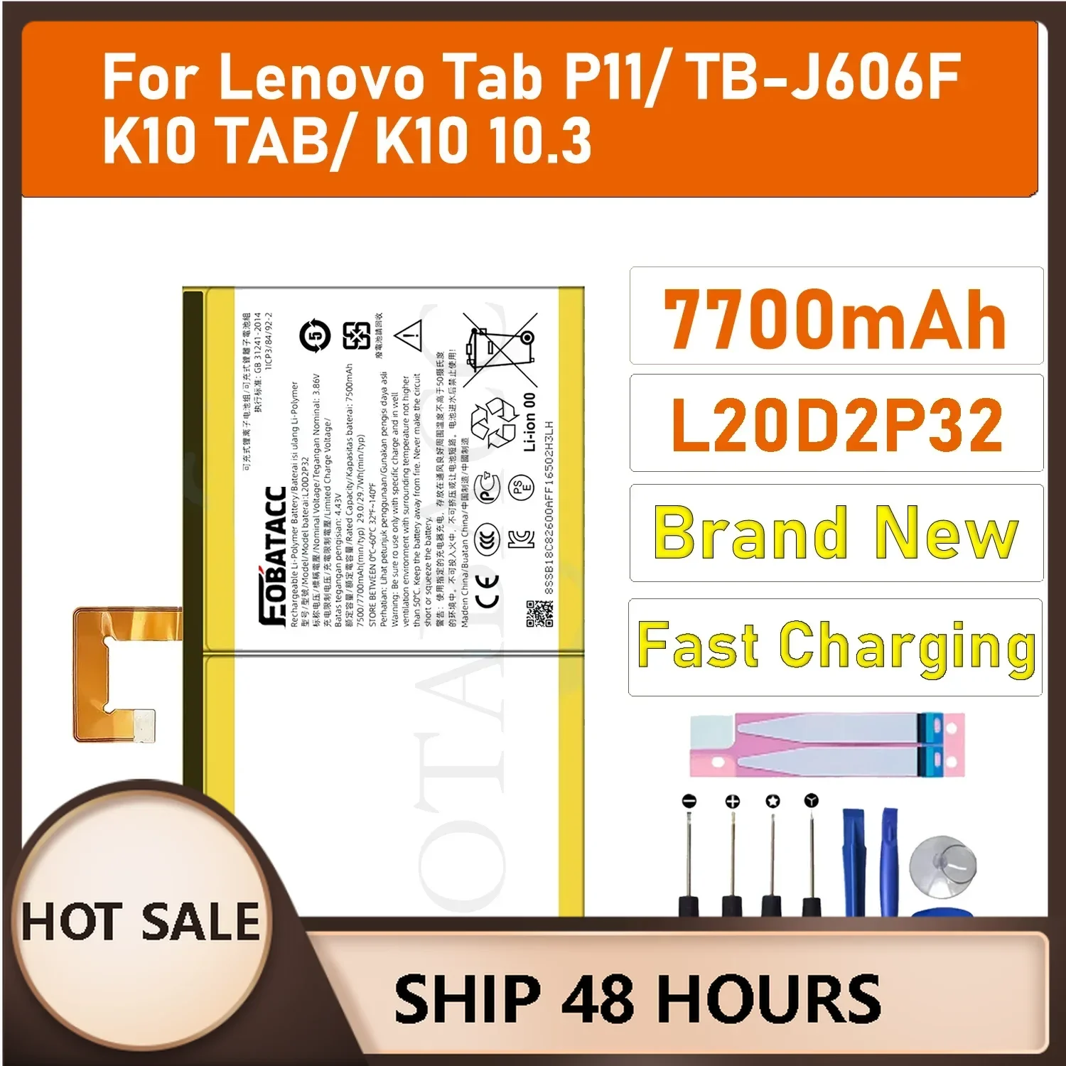 100% New Battery  L20d2p32 For  Lenovo Tab P11/ TB-J606F/K10 TAB/ K10 10.3 Battery + Free Tools