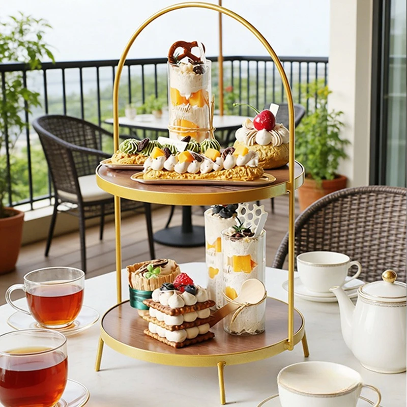 European Gold White Double Deck Afternoon Tea Dim Sum Cake Rack Luxury Dessert Display Rack Cosmetics Storage Rack