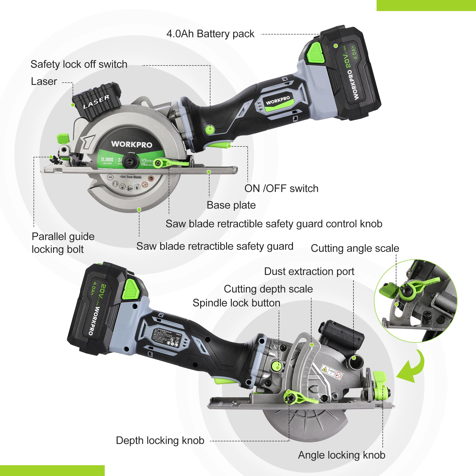 WORKPRO 20V Cordless Electric Circular Saw With Laser For Wood Ceramic Tile 115 mm Saw Blade 710W Electric Circular Saw No Laser