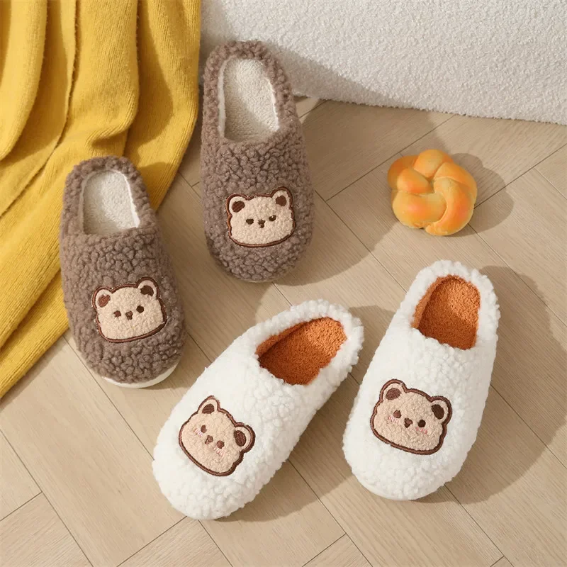 2024 Autumn/Winter New Cartoon Bear Cotton Slippers Women's Thick Bottom Indoor Home Use Fleece Slippers Winter