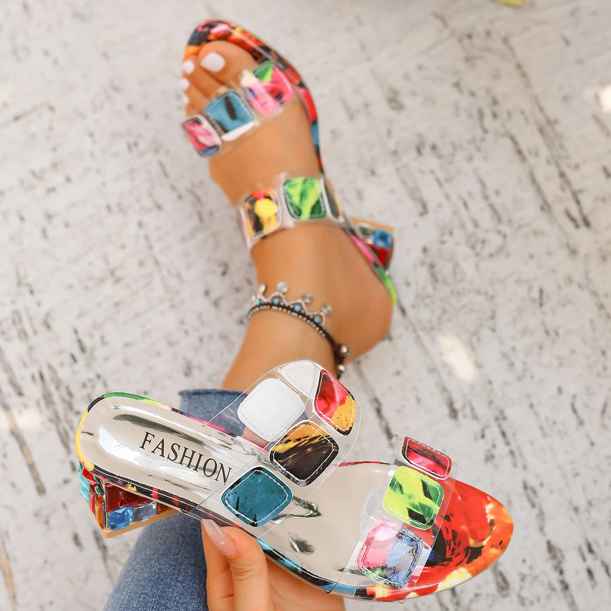 Women Heels Sandals Colorful Chunky Heeled Rhinestone Shoes Women Open Toe Mid Heels Stylish Daily Sandals Sandalias De Mujer