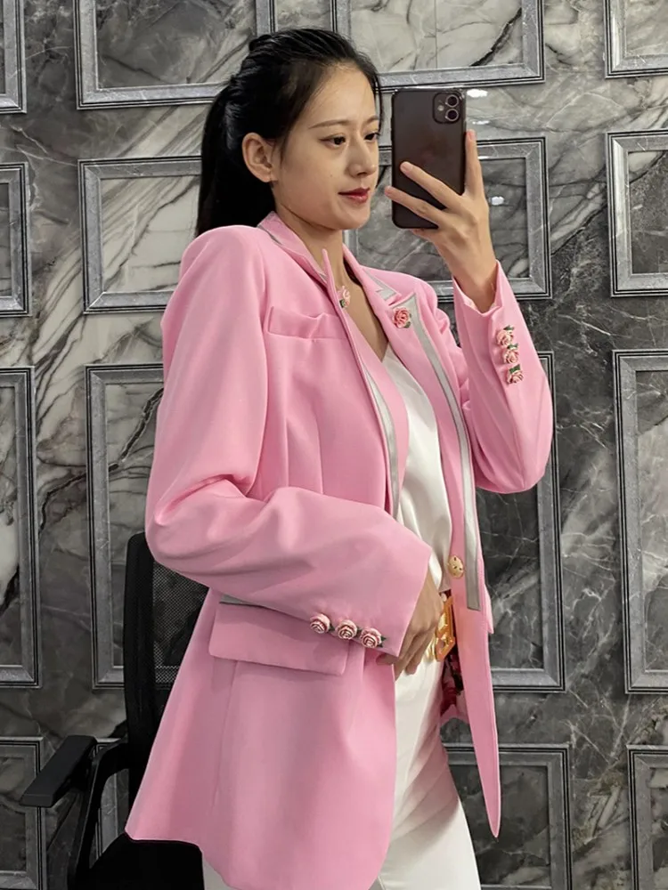 Fashion Office Ladies Pink Blazer Suit Jacket Sweet Flowers Designer Women Casual Blazer Tops Spring New Loose Fit Work Coats