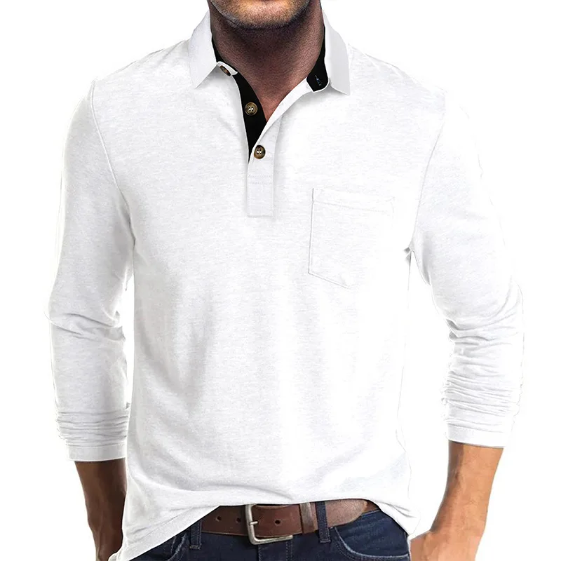 Frühling Trend männer Langarm Casual T-shirt Solide Revers Button Up Pullover Tops Herbst Drehen Unten Kragen Bodenbildung Polo-Shirt – Detail 15