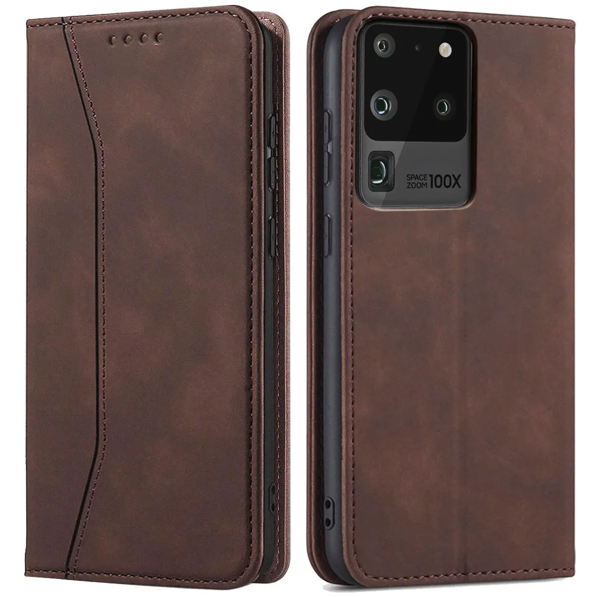 For Samsung Galaxy S20/S20 Plus/S20+/S20 Ultra/S20 FE 5G Leather Case Rugged Phone Flip Card Slots Magnetic Cover Dark Brown