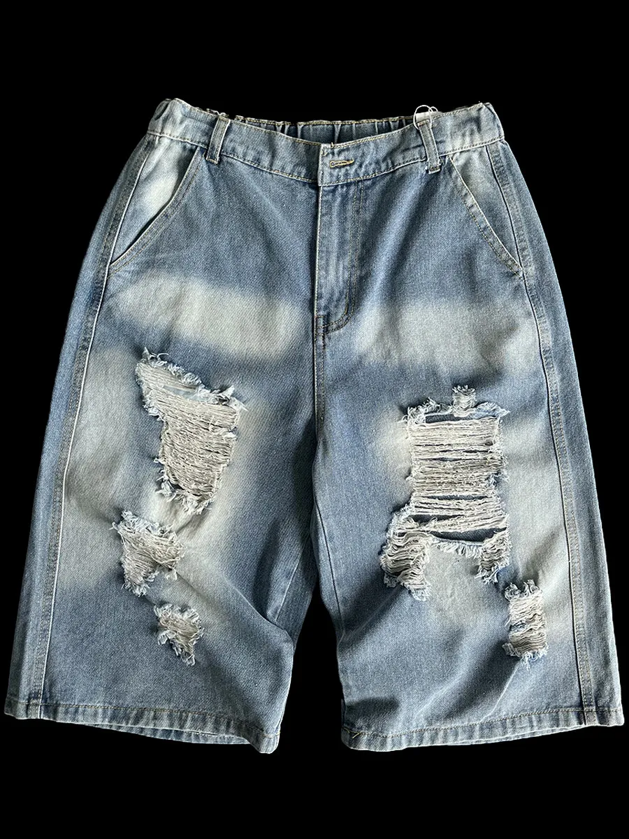 American Fashion Retro Washed Ripped Denim Cropped Pants Loose Straight Leg Trendy Versatile Wide Leg Shorts