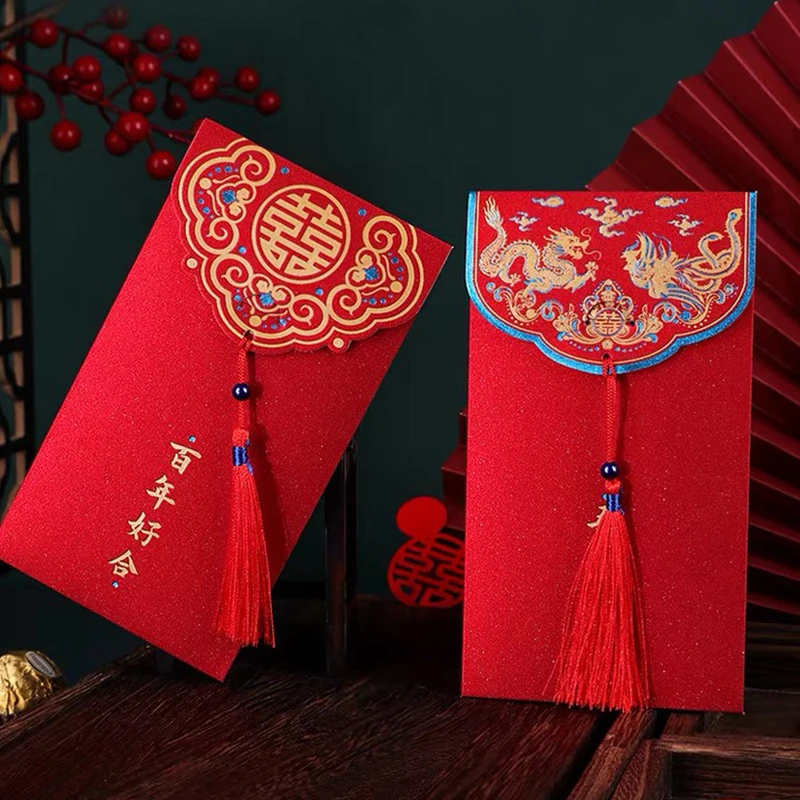 Envelope vermelho chinês tradicional com borla, pacotes de dinheiro da sorte, bênção, presentes de casamento, hongbao, presentes de casamento, 10pcs