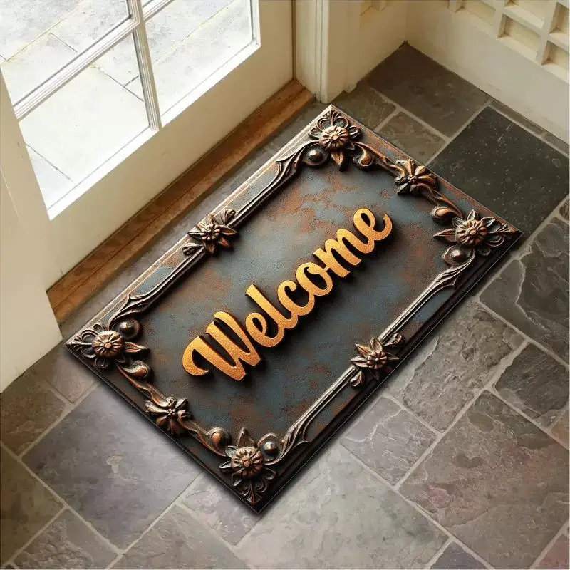 VIKAMA Vintage Antique Iron Carving Welcome Door Mat, Non-Slip Entrance Rug for Foyer & Bathroom, Elegant Home Decor