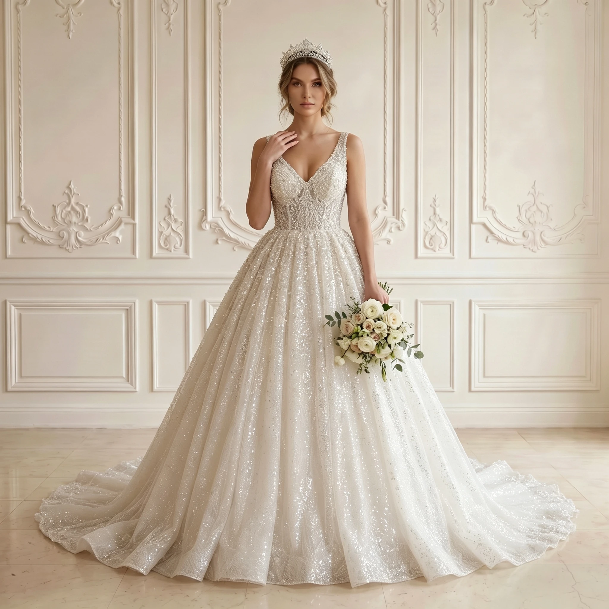 

Spaghetti Strap Deep V Ball Gown Wedding Dress Beaded Bodice All Over Sequin Glitter Tulle Zipper Back Chapel Train Bridal Gown