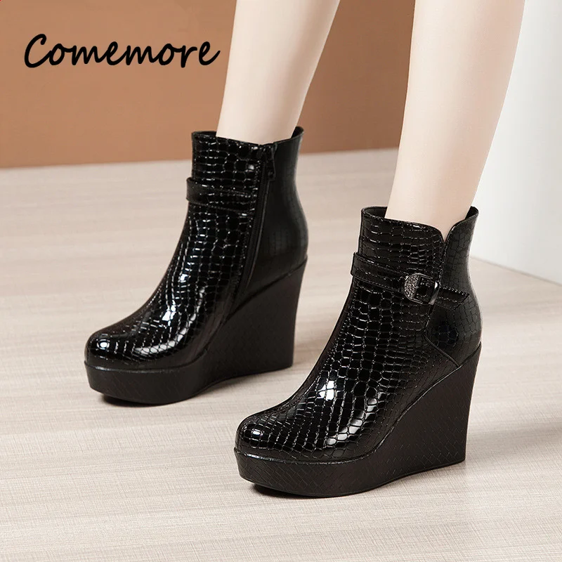 Comemore Women Casual Wedges Platform Ankle Boots Leather Shoes Woman Heel Designer Boots Black High Heels Women\'s Heeled Shoe