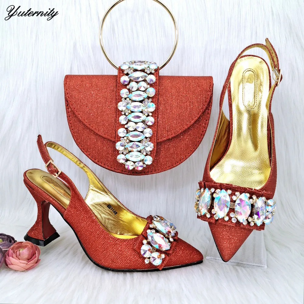 

Hot Selling Nigerian High Heels Woman Gold Sandals Shoes And Bag Set Italian Style Party Shoes And Bag Set For Dress