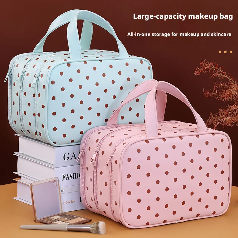 Handtasche mit Polka-Dot-Muster, multifunktionale Kosmetiktasche mit 3 Fächern, aus PU-Material, große Kapazität, wasserdicht, Reisetasche zur Aufbewahrung. – Detail 4