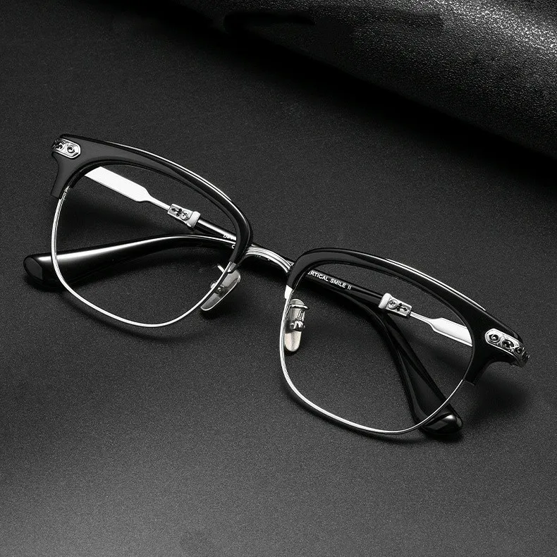 BETSION Men's Retro Browline Square 57/54mm Eyeglass Frame Luxury Pure Titanium Eyewear Fashion Wearing Spectacles #VERTICAL