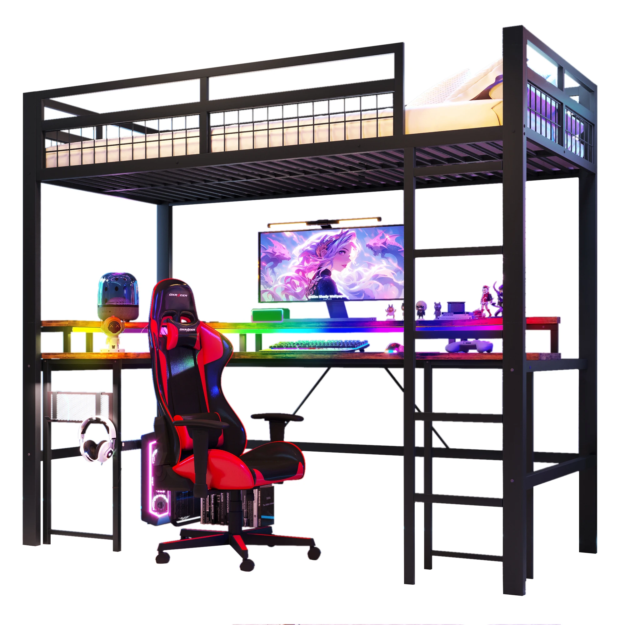 Cama alta 90x200 de metal negro con escritorio, tomas de corriente, barra USB-C, sistema de pared con orificios LED de cambio de color, cama tipo loft.