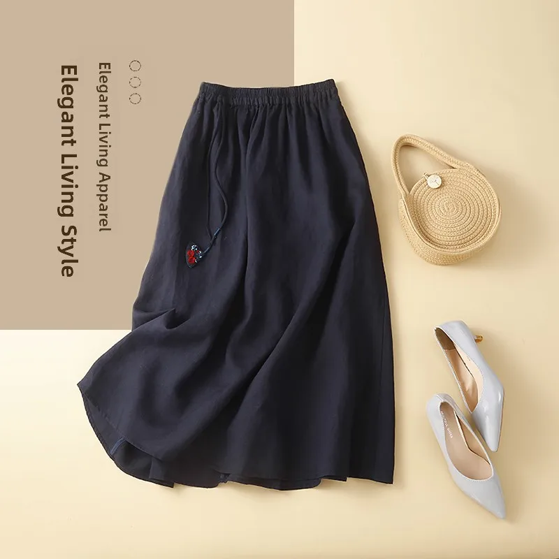 Ladies Cotton Linen A-Line Midi Skirt Lazy Design Summer Long f Body Skirt High Waist Pure Color Commute Sle