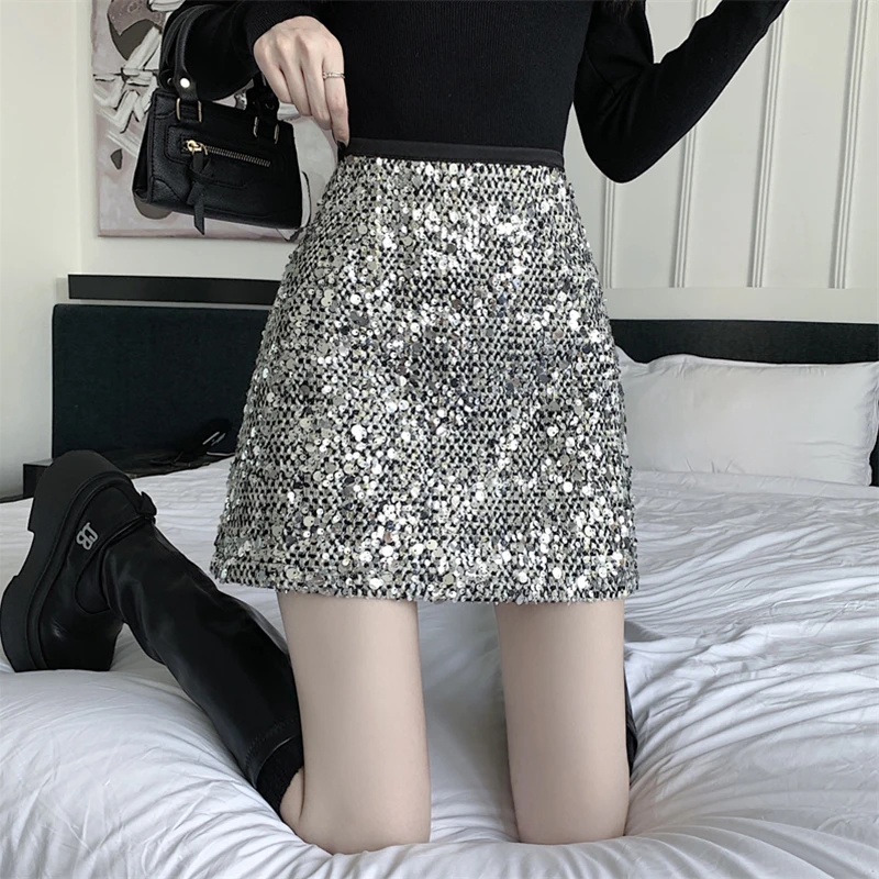 Elegant Sequin Woolen Skirt Women Korean Style High Waist Slim A-line Wrap Hip Mini Skirts Luxury Glittery Sequined Short Skirts