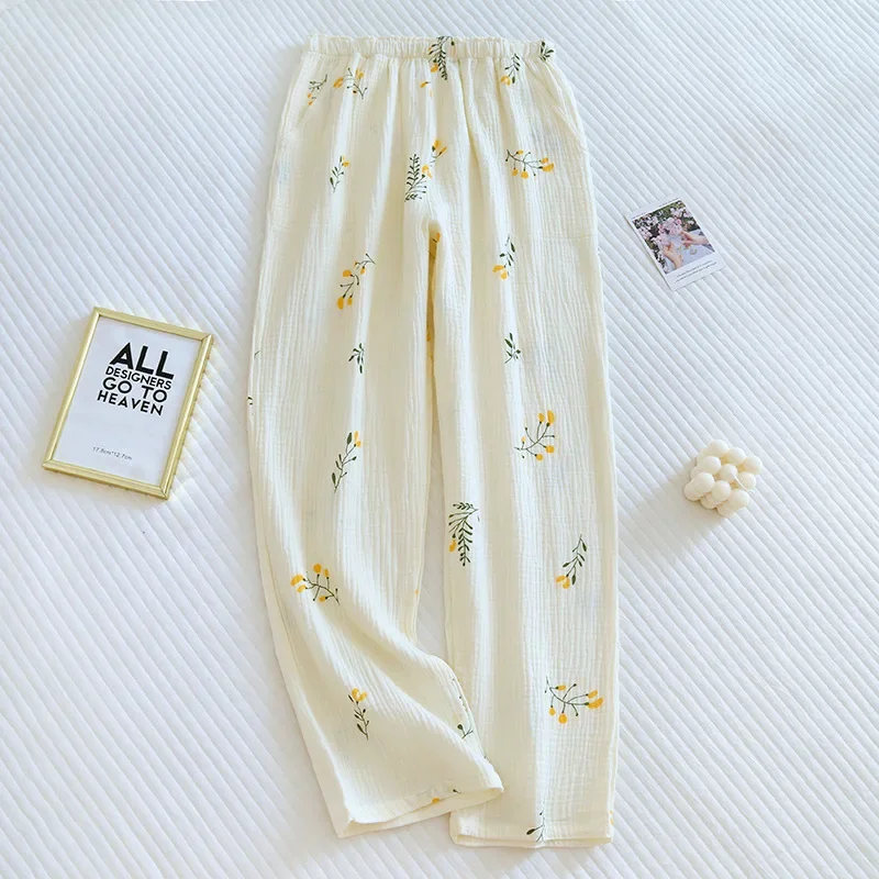 2024 Japanese Spring/Summer New Women\'s Pajama Pants 100% Cotton Crepe Pants Sweet and Cute Pajama Pants Ladies Loose Home Pants