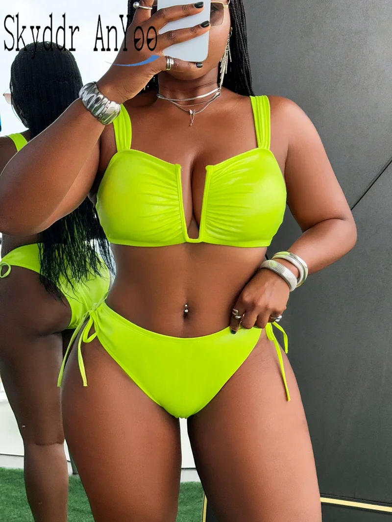 

Летний женский купальник из двух предметов, сексуальный комплект бикини больших размеров, купальник с v-образным вырезом на шнуровке, пляжный купальный костюм с контролем живота
