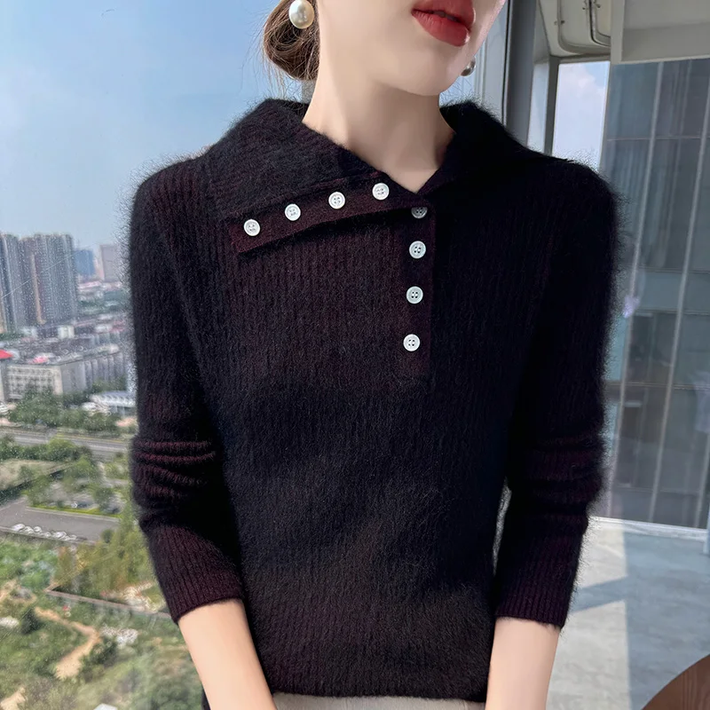 Herbst und Winter 25 neuer gestrickter Damen-Reverspullover aus 100 % Nerzkaschmir, schmale Passform, sexy Damen-Langarmpullover