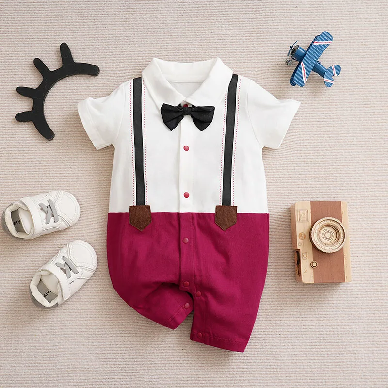 

Newborn Boys Short Sleeve Summer Jumpsuit Outdoor New Toddler 0-18 months Onesie Gentleman Tie Outfit Baby Suits Cotton Handsome