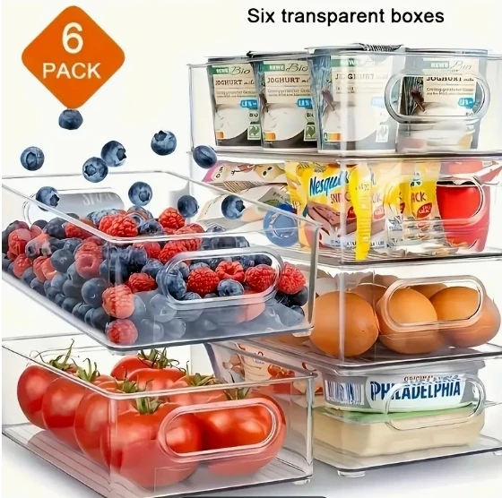 Organizador de Refrigerador, Juego de 6 Cajas de Almacenamiento Apilables con Asa, Juego de Organizadores para Refrigerador, Juego de Cajas para Refrigerador para Gabinetes de Cocina
