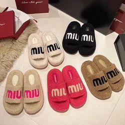 Women One Word Thick Fur Slippers Double Fur Flip Flops Home Cotton Shoes for Women Plush Slippers Femme 2024 New Autumn Winter