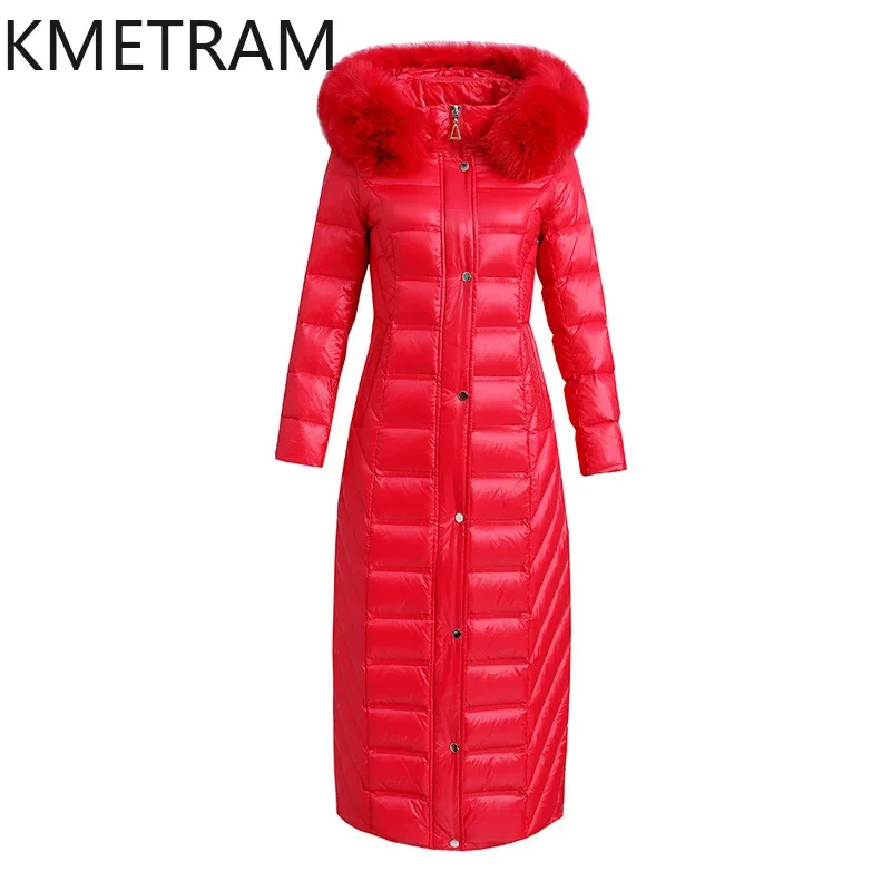 

KMETRAM 85% White Duck Down Jacket Women Winter Real Fox Fur Collar Coat Long Slim Women's Clothing New Jaqueta Feminina Inverno