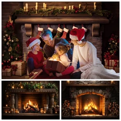 Christmas Fireplace Backdrop Photography Vintage Brick Stove Fire Flame Home Decoration Xmas Party Background Photographic Props