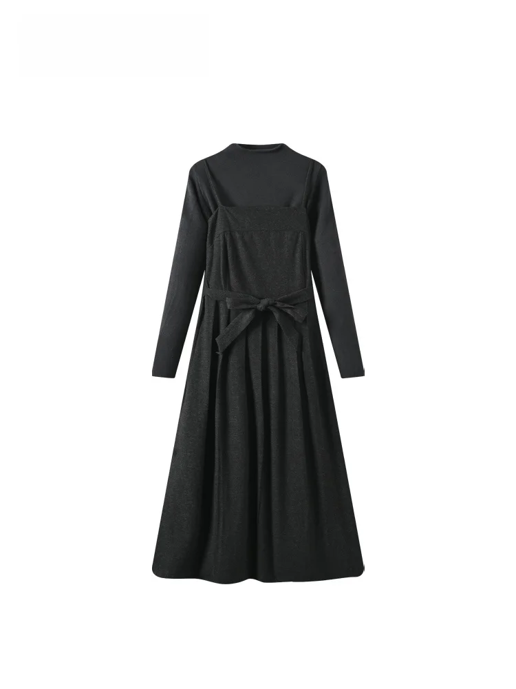 

Новая осенняя женская универсальная элегантная приталенная платье-рубашка больших размеров с длинным рукавом, воротником-стойкой и завышенной талией для офиса