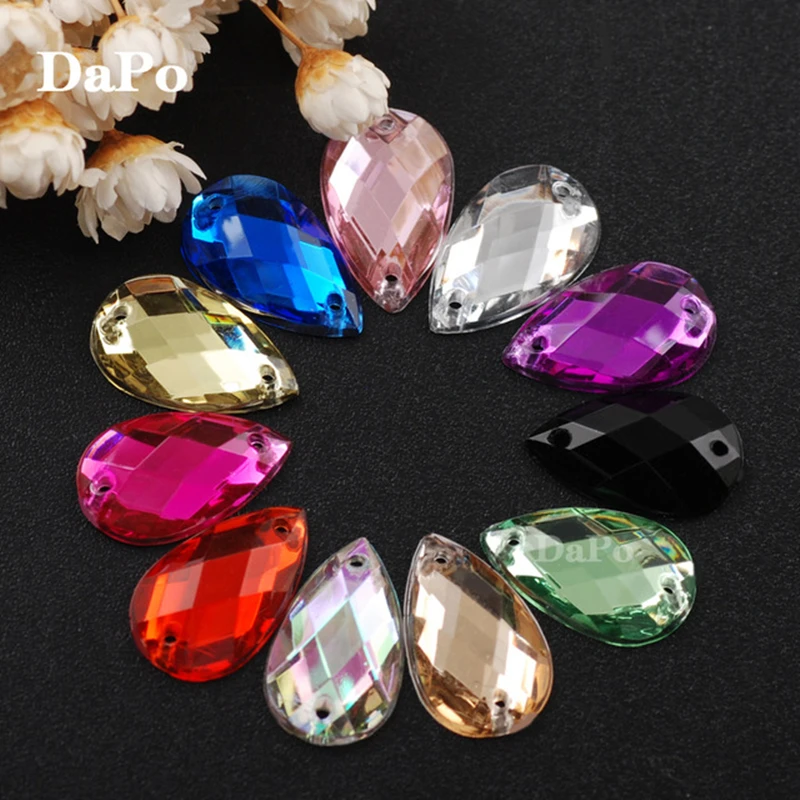 New 10*14mm100pcs 2 Holes Raindrop Acrylic Shine Crystal Colorful Rhinestones Sew on Stones for Clothing Dress DIY Decor Jewelry