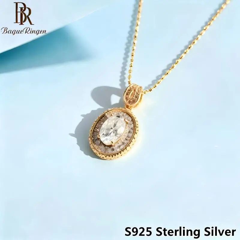 BR Moissanite Pendant S925 Silver Gold-Plated 1.5 Carat Oval Egg-Shaped Vintage Small-Batch Moissanite Necklace