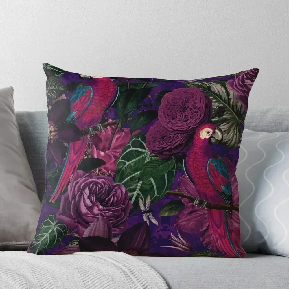 Midnight Jungle Bird Tropical Paradise Vintage Botanical Illustration Throw Pillow christmas decorations for home 2025 pillow