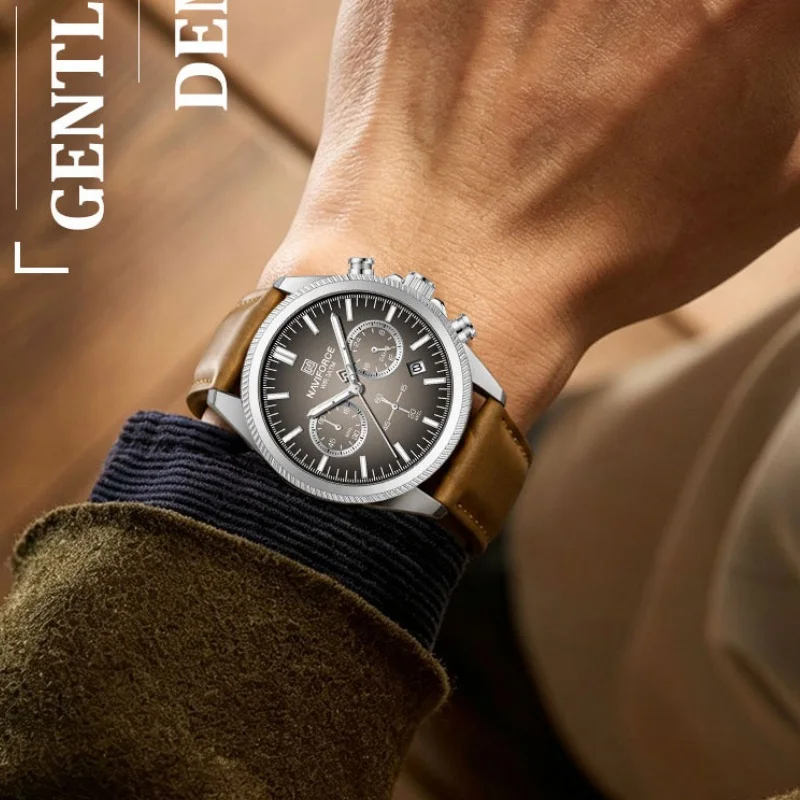 Top Brand NAVIFORCE Men Quartz Watch Chronograph Date Display Waterproof Luminous Genuine Leather Business Casual Gifts for Male