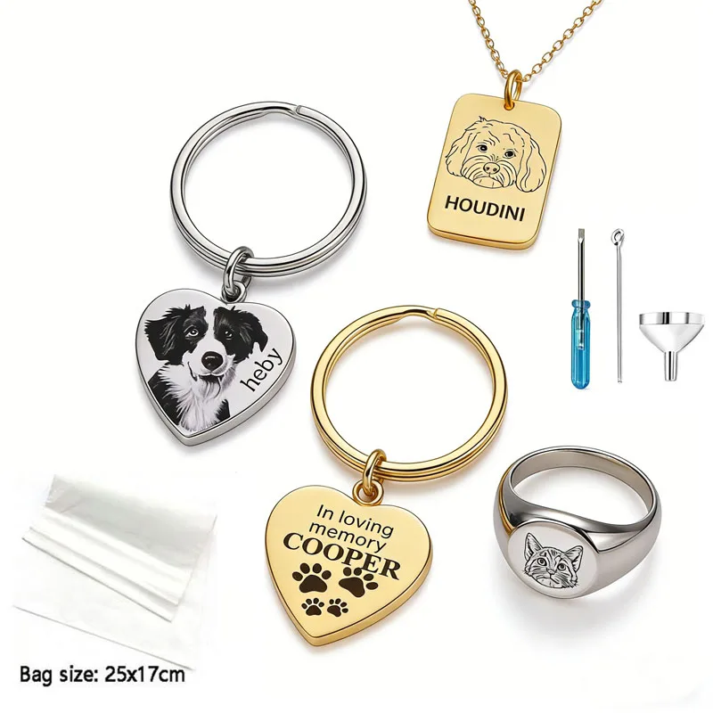 

Custom Pet Photo Engraved Keychain Necklace Ring Set Personalized Pet Jewelry for Dog Cat Stainless Steel Pet Loss Keepsake Gift